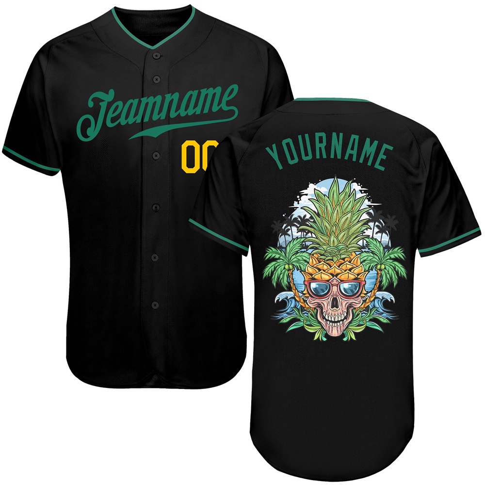 Black Kelly Green-Gold Authentic Skull Pineapple Head Baseball Jersey, Custom Baseball Jersey, Personalized Sport Jersey