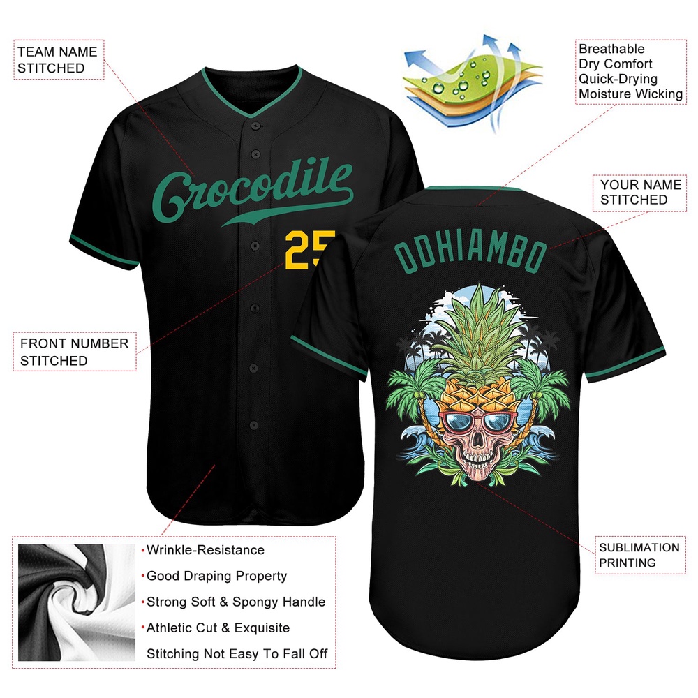 Black Kelly Green-Gold Authentic Skull Pineapple Head Baseball Jersey, Custom Baseball Jersey, Personalized Sport Jersey