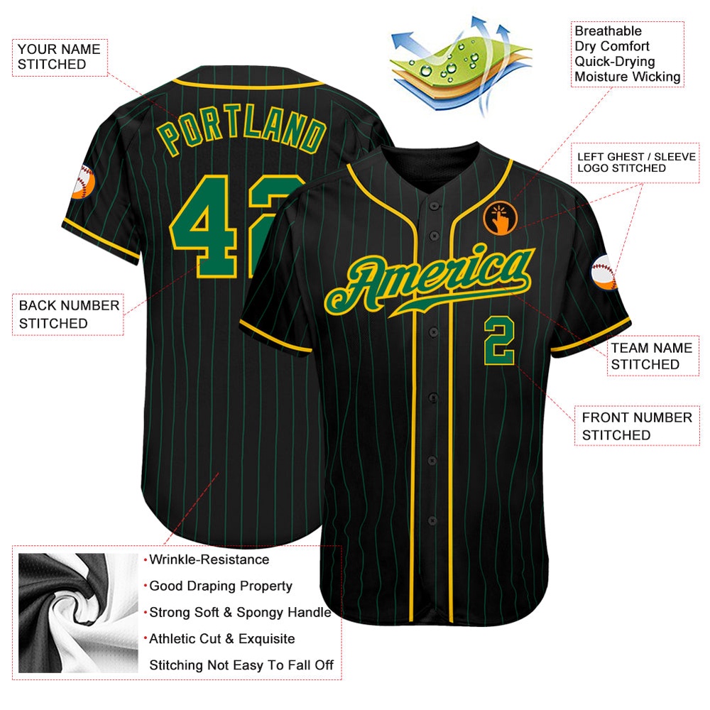 Black Kelly Green Pinstripe Kelly Green-Gold Authentic Baseball Jersey, Custom Baseball Jersey, Personalized Sport Jersey Black Kelly Green Pinstripe Kelly Green-Gold Authentic Baseball Jersey, Custom Baseball Jersey, Personalized Sport Jersey