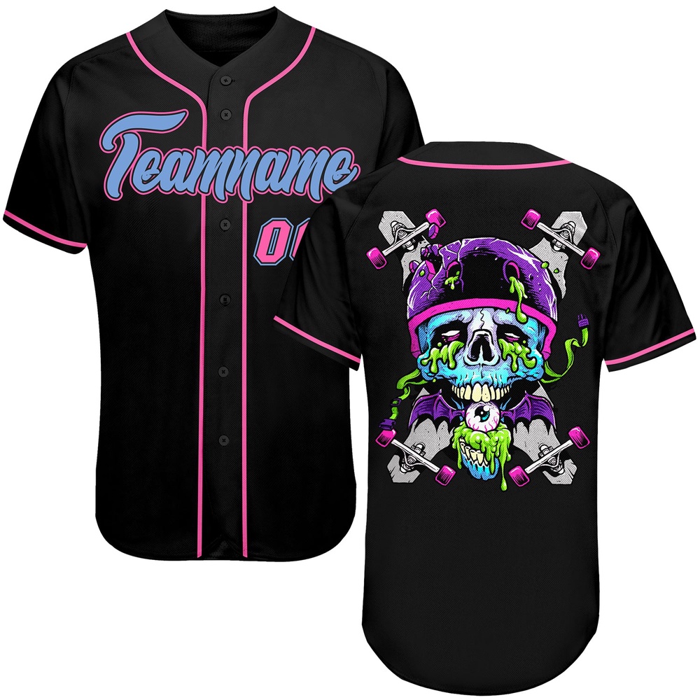 Black Light Blue-Pink Authentic Skull Fashion Baseball Jersey, Custom Baseball Jersey, Personalized Sport Jersey