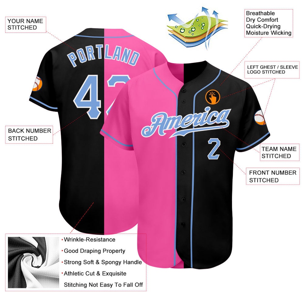 Black Light Blue-Pink Authentic Split Fashion Baseball Jersey, Custom Baseball Jersey, Personalized Sport Jersey