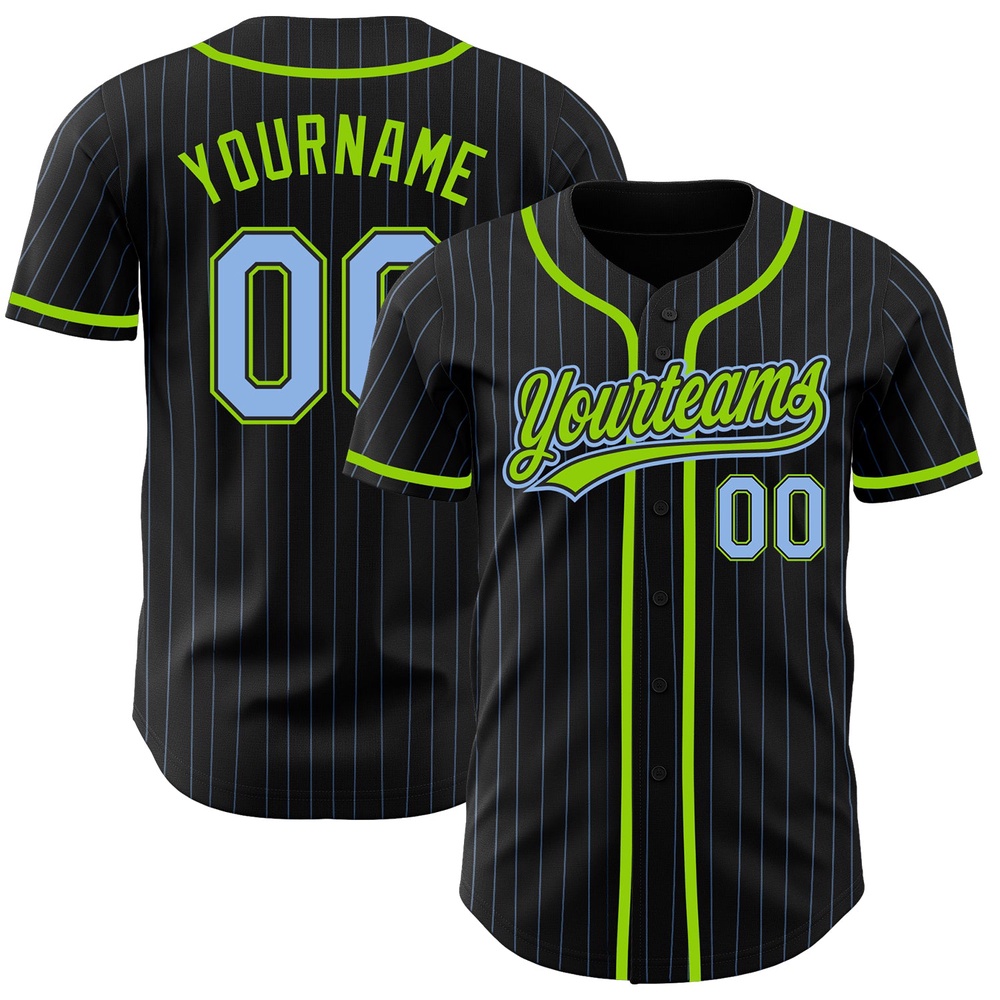 Black Light Blue Pinstripe Light Blue-Neon Green Authentic Baseball Jersey, Custom Baseball Jersey, Personalized Sport Jersey Black Light Blue Pinstripe Light Blue-Neon Green Authentic Baseball Jersey, Custom Baseball Jersey, Personalized Sport Jersey