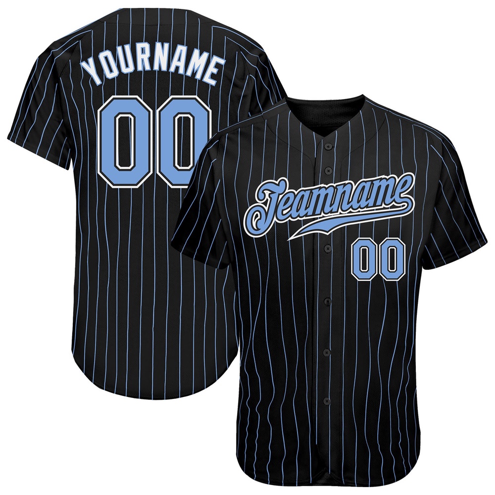 Black Light Blue Pinstripe Light Blue-White Authentic Baseball Jersey, Custom Baseball Jersey, Personalized Sport Jersey Black Light Blue Pinstripe Light Blue-White Authentic Baseball Jersey, Custom Baseball Jersey, Personalized Sport Jersey