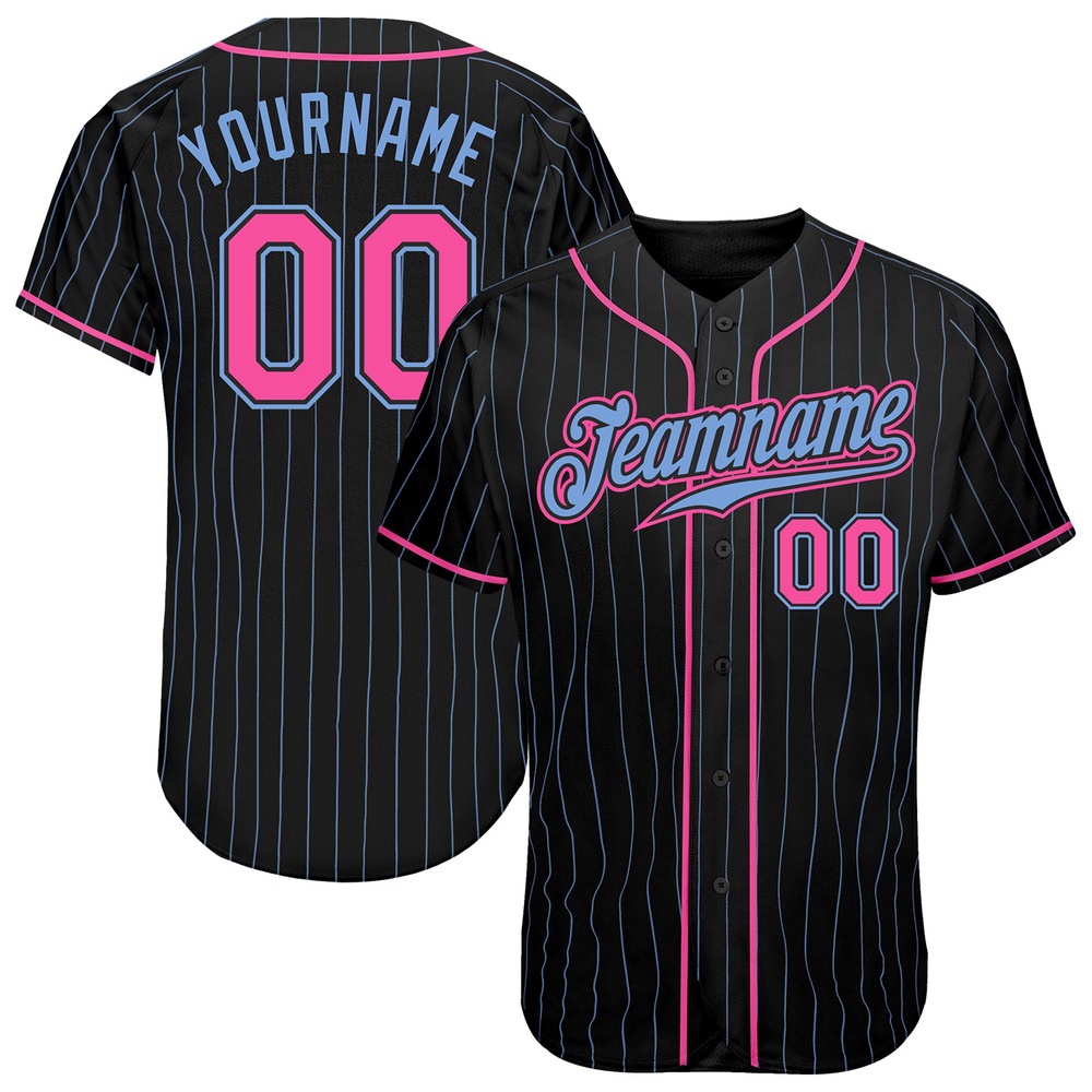 Black Light Blue Pinstripe Pink-Light Blue Authentic Baseball Jersey, Custom Baseball Jersey, Personalized Sport Jersey Black Light Blue Pinstripe Pink-Light Blue Authentic Baseball Jersey, Custom Baseball Jersey, Personalized Sport Jersey