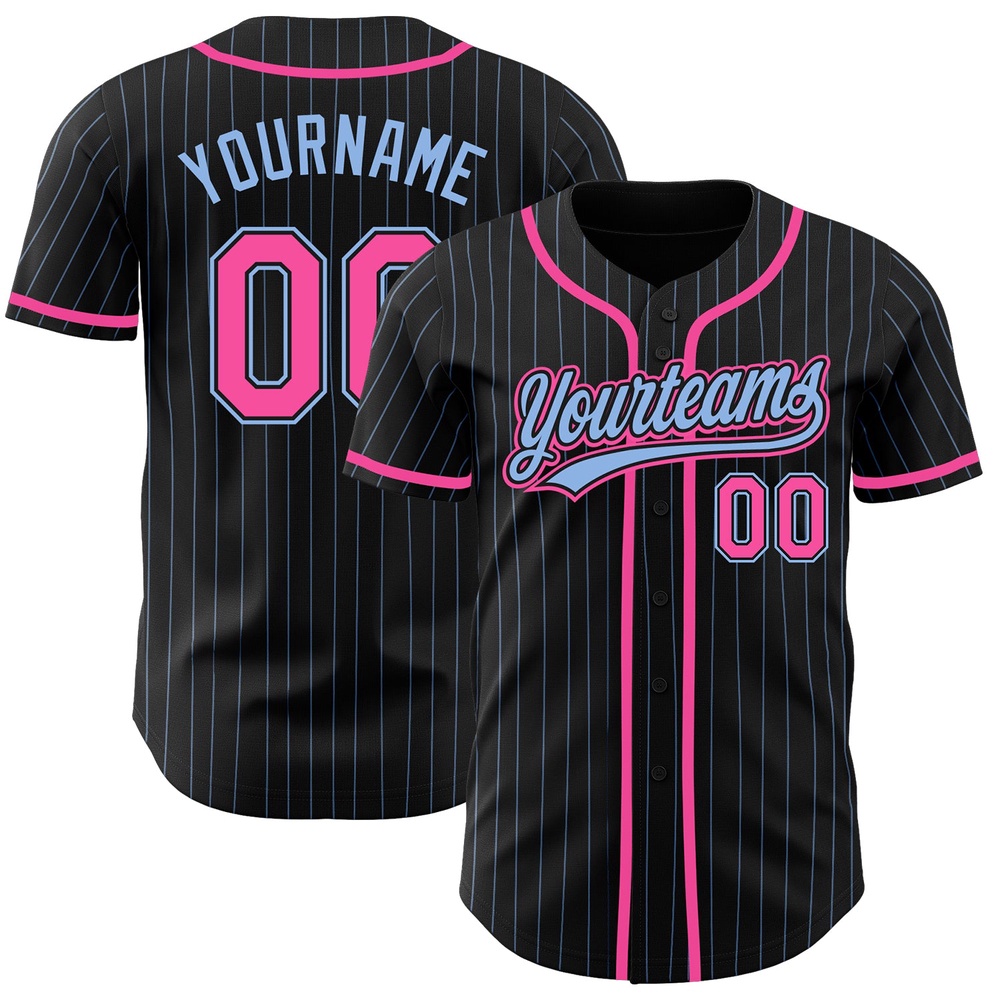 Black Light Blue Pinstripe Pink Authentic Baseball Jersey, Custom Baseball Jersey, Personalized Sport Jersey