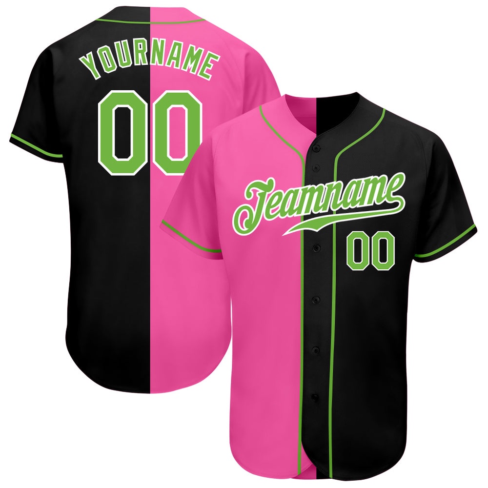 Black Neon Green-Pink Authentic Split Fashion Baseball Jersey, Custom Baseball Jersey, Personalized Sport Jersey
