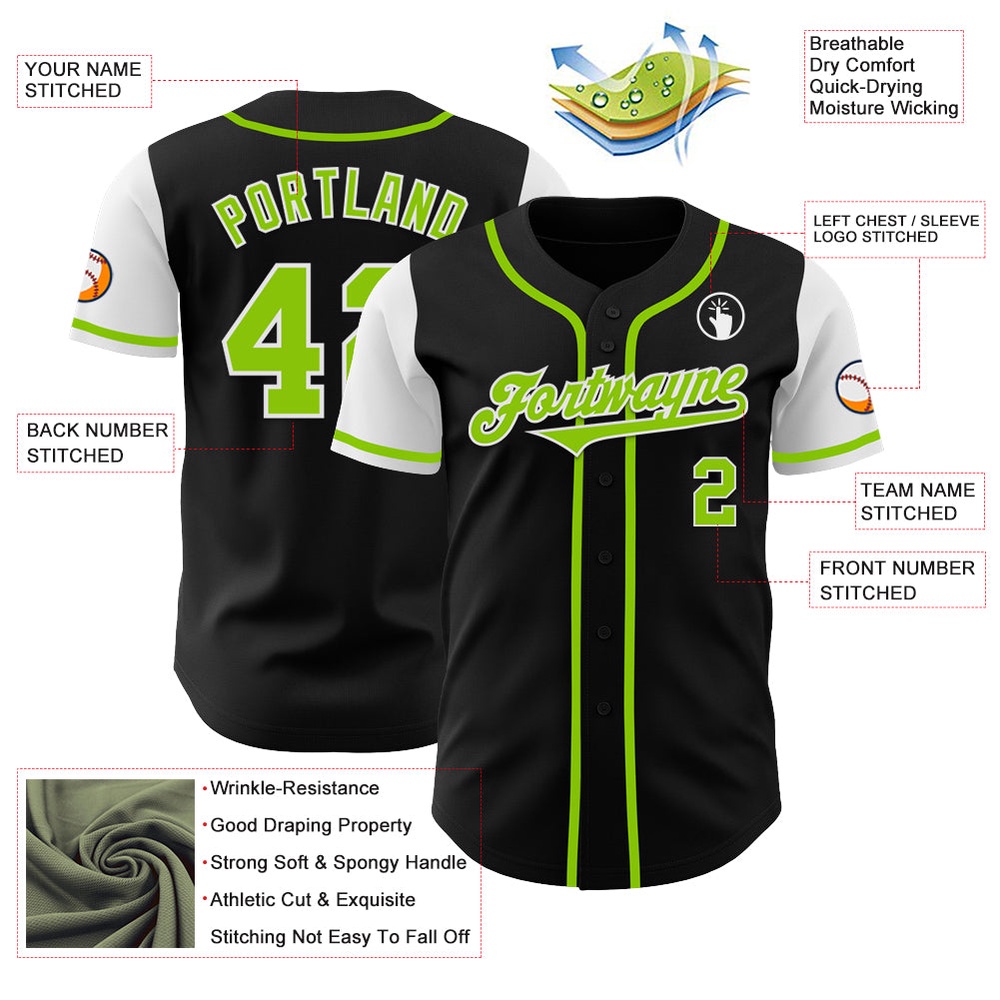 Black Neon Green-White Authentic Two Tone Baseball Jersey, Custom Baseball Jersey, Personalized Sport Jersey Black Neon Green-White Authentic Two Tone Baseball Jersey, Custom Baseball Jersey, Personalized Sport Jersey