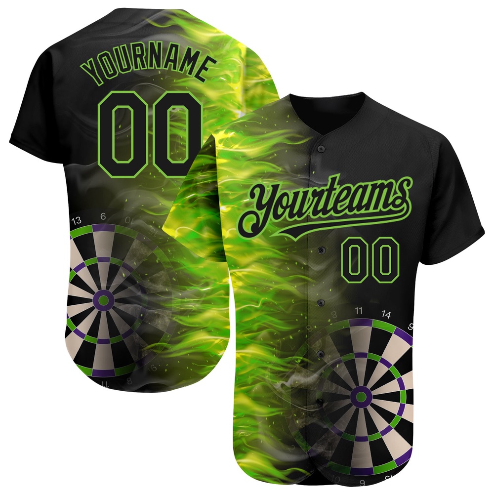 Black Neon Green 3D Pattern Design Fiery Dart Board Authentic Baseball Jersey, Custom Baseball Jersey, Personalized Sport Jersey