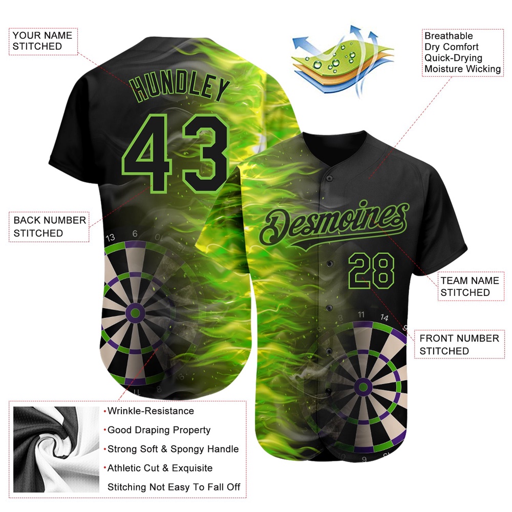 Black Neon Green 3D Pattern Design Fiery Dart Board Authentic Baseball Jersey, Custom Baseball Jersey, Personalized Sport Jersey