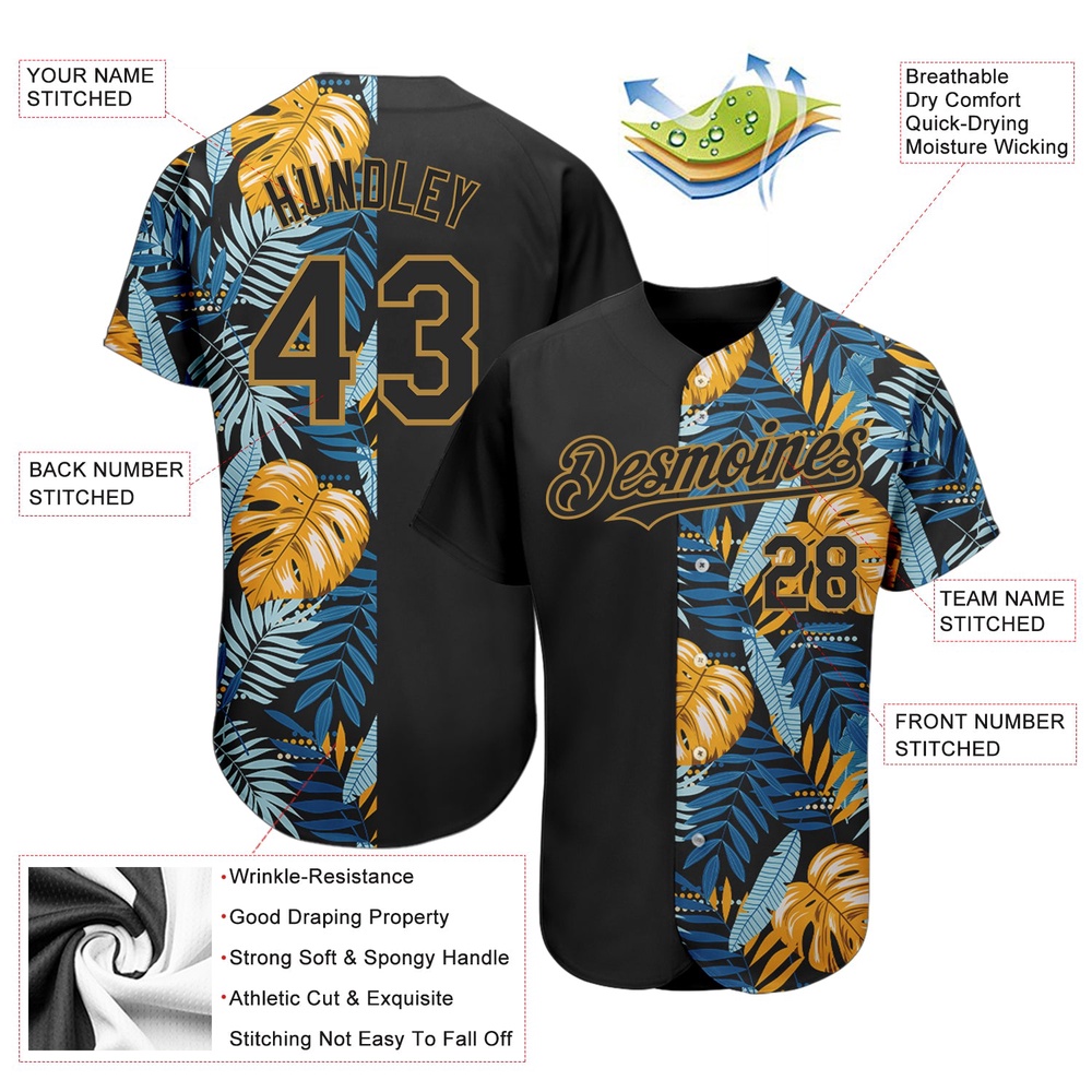 Black Old Gold 3D Pattern Design Hawaii Tropical Leaves Authentic Baseball Jersey, Custom Baseball Jersey, Personalized Sport Jersey Black Old Gold 3D Pattern Design Hawaii Tropical Leaves Authentic Baseball Jersey, Custom Baseball Jersey, Personalized Sport Jersey
