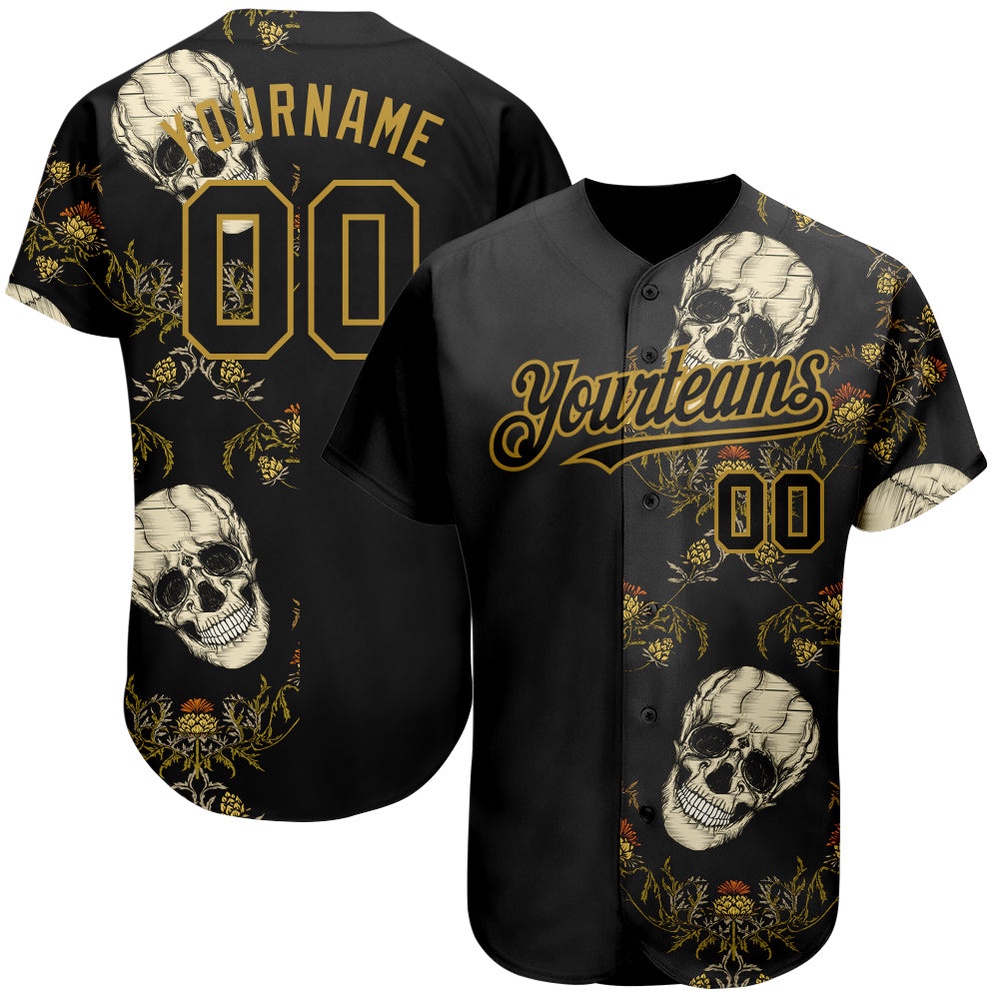 Black Old Gold 3D Plant And Skull Fashion Authentic Baseball Jersey, Custom Baseball Jersey, Personalized Sport Jersey