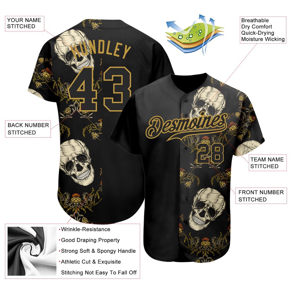 Black Old Gold 3D Plant And Skull Fashion Authentic Baseball Jersey, Custom Baseball Jersey, Personalized Sport Jersey