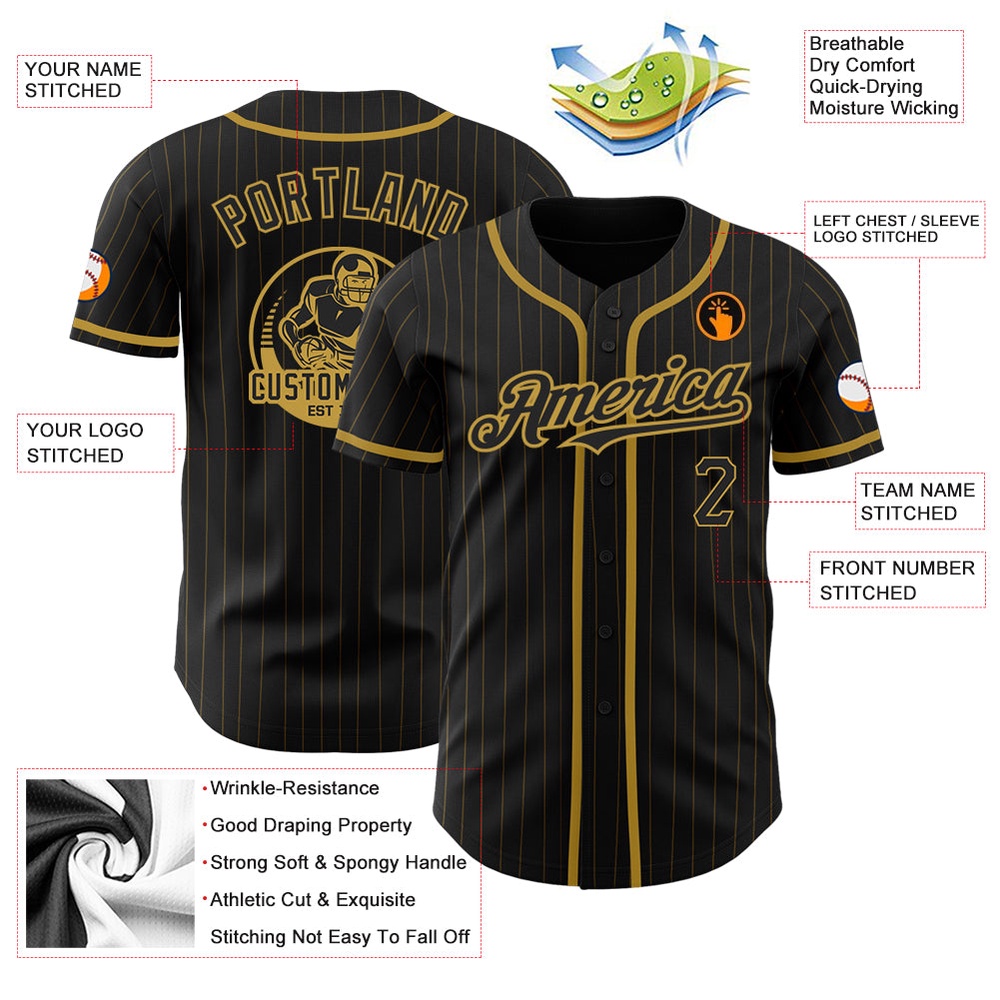 Black Old Gold Pinstripe Old Gold Authentic Baseball Jersey, Custom Baseball Jersey, Personalized Sport Jersey