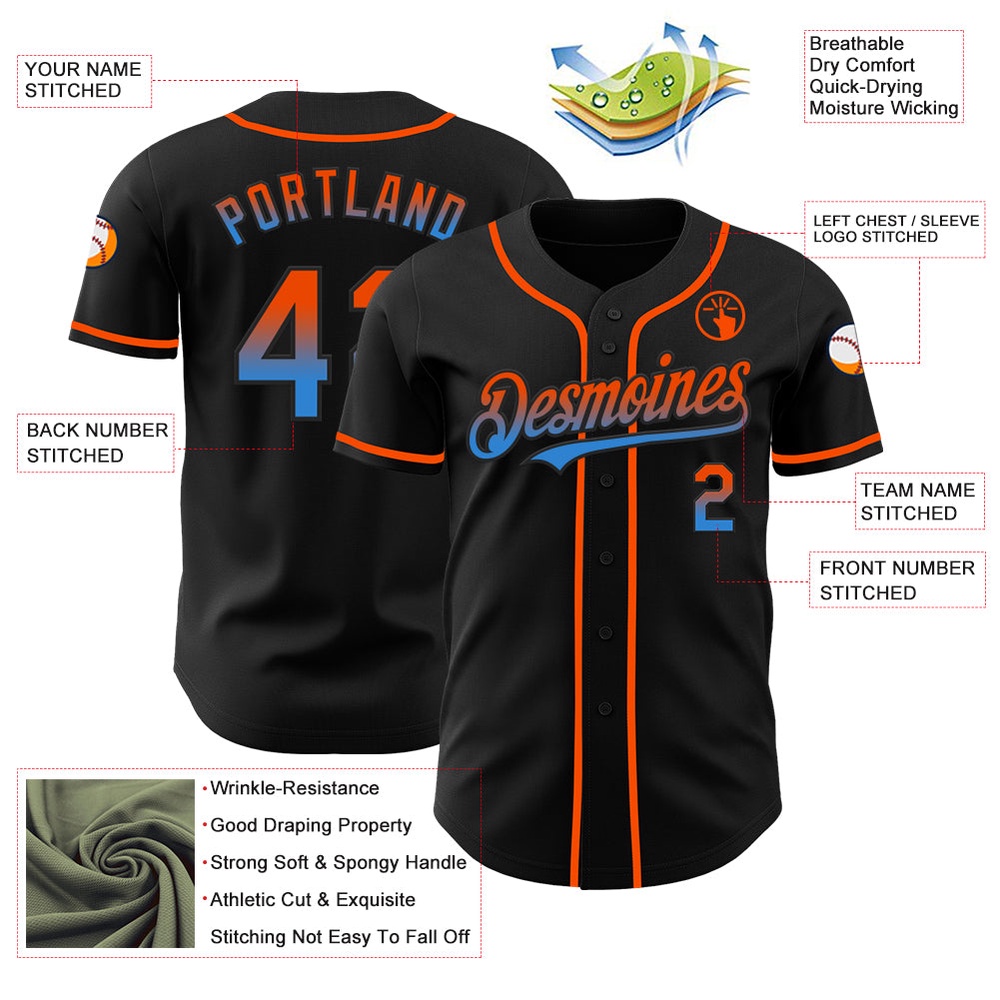 Black Orange-Electric Blue Authentic Fade Fashion Baseball Jersey, Custom Baseball Jersey, Personalized Sport Jersey