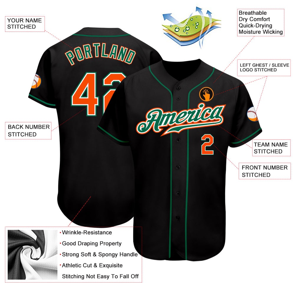 Black Orange-Kelly Green Authentic Baseball Jersey, Custom Baseball Jersey, Personalized Sport Jersey