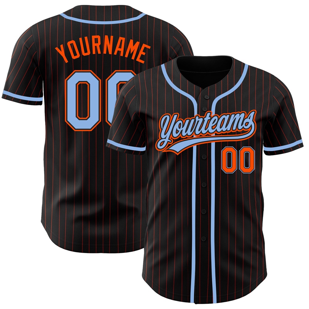Black Orange Pinstripe Light Blue Authentic Baseball Jersey, Custom Baseball Jersey, Personalized Sport Jersey