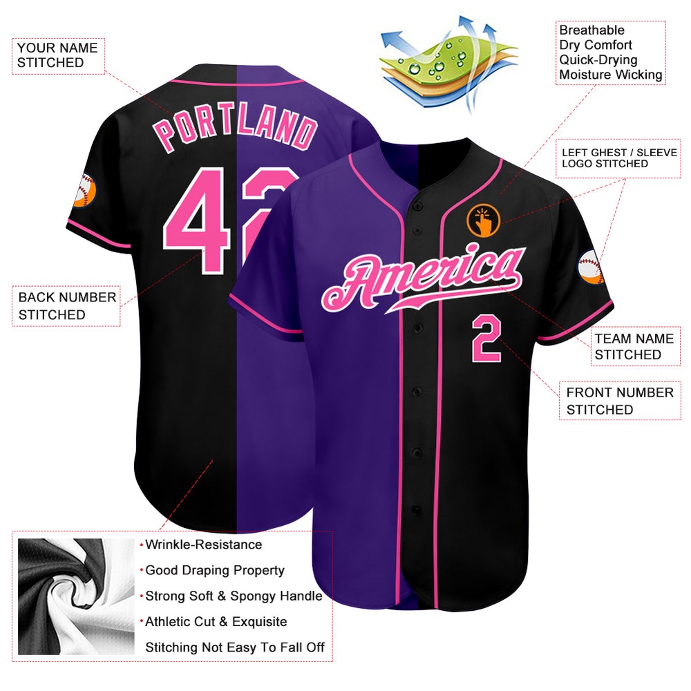 Black Pink-Purple Authentic Split Fashion Baseball Jersey, Custom Baseball Jersey, Personalized Sport Jersey