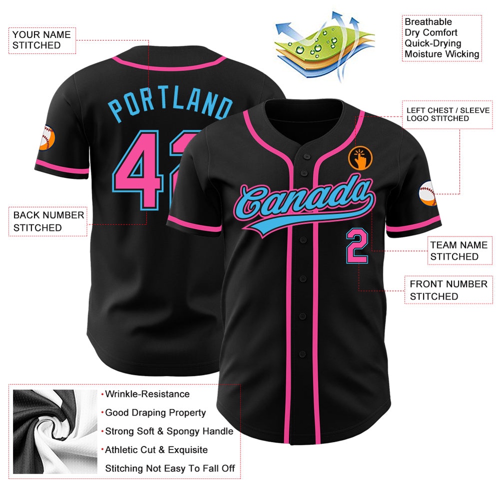Black Pink-Sky Blue Authentic Baseball Jersey, Custom Baseball Jersey, Personalized Sport Jersey Black Pink-Sky Blue Authentic Baseball Jersey, Custom Baseball Jersey, Personalized Sport Jersey
