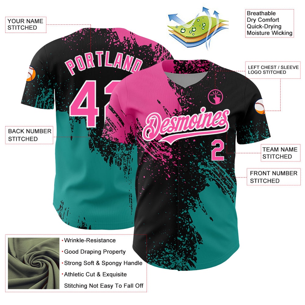 Black Pink-Teal 3D Pattern Design Abstract Brush Stroke Authentic Baseball Jersey, Custom Baseball Jersey, Personalized Sport Jersey Black Pink-Teal 3D Pattern Design Abstract Brush Stroke Authentic Baseball Jersey, Custom Baseball Jersey, Personalized Sport Jersey
