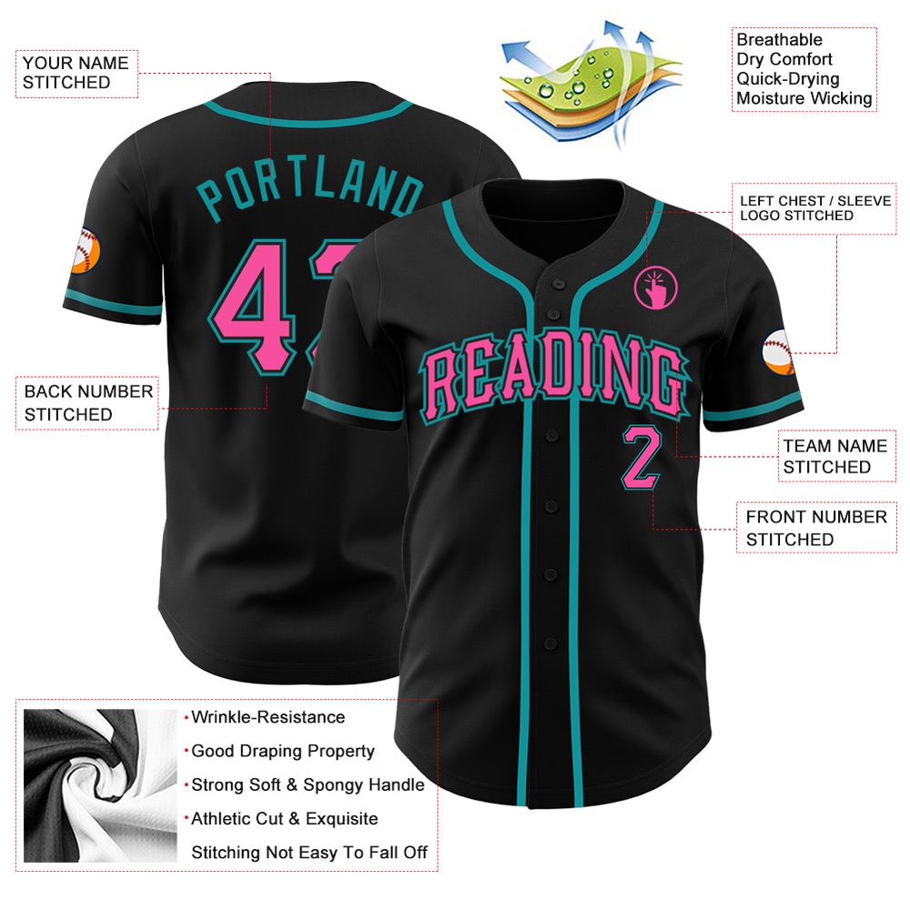 Black Pink-Teal Authentic Baseball Jersey, Custom Baseball Jersey, Personalized Sport Jersey Black Pink-Teal Authentic Baseball Jersey, Custom Baseball Jersey, Personalized Sport Jersey