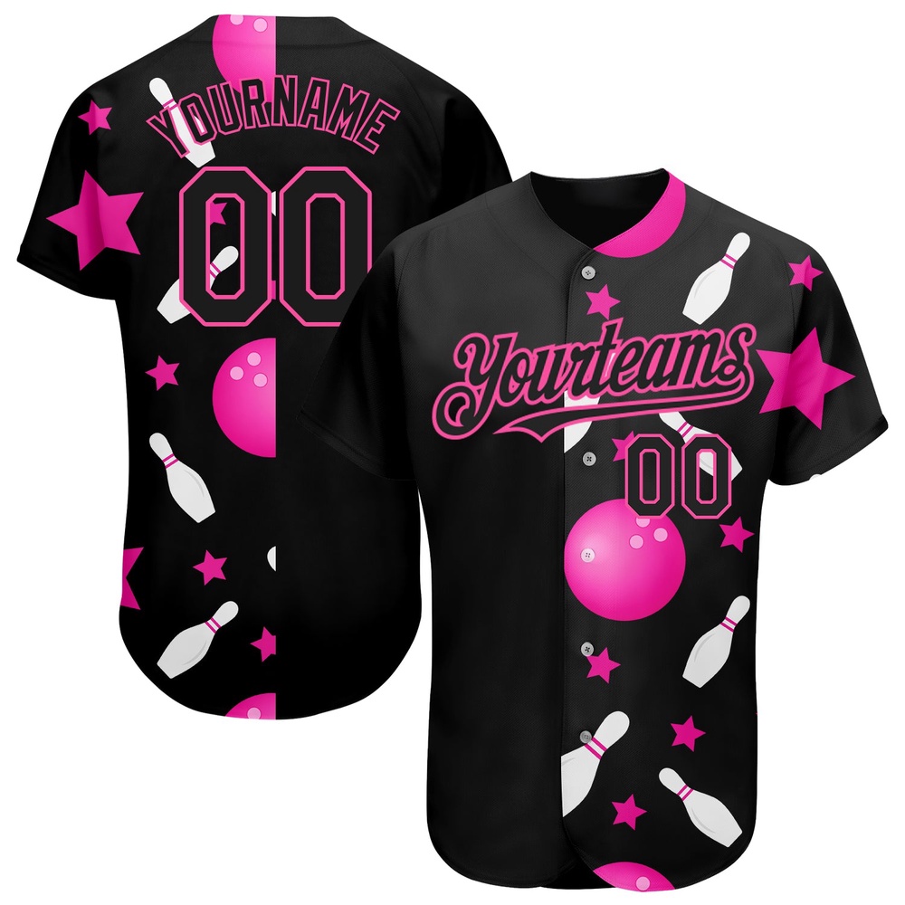 Black Pink 3D Pattern Design Bowling Authentic Baseball Jersey, Custom Baseball Jersey, Personalized Sport Jersey