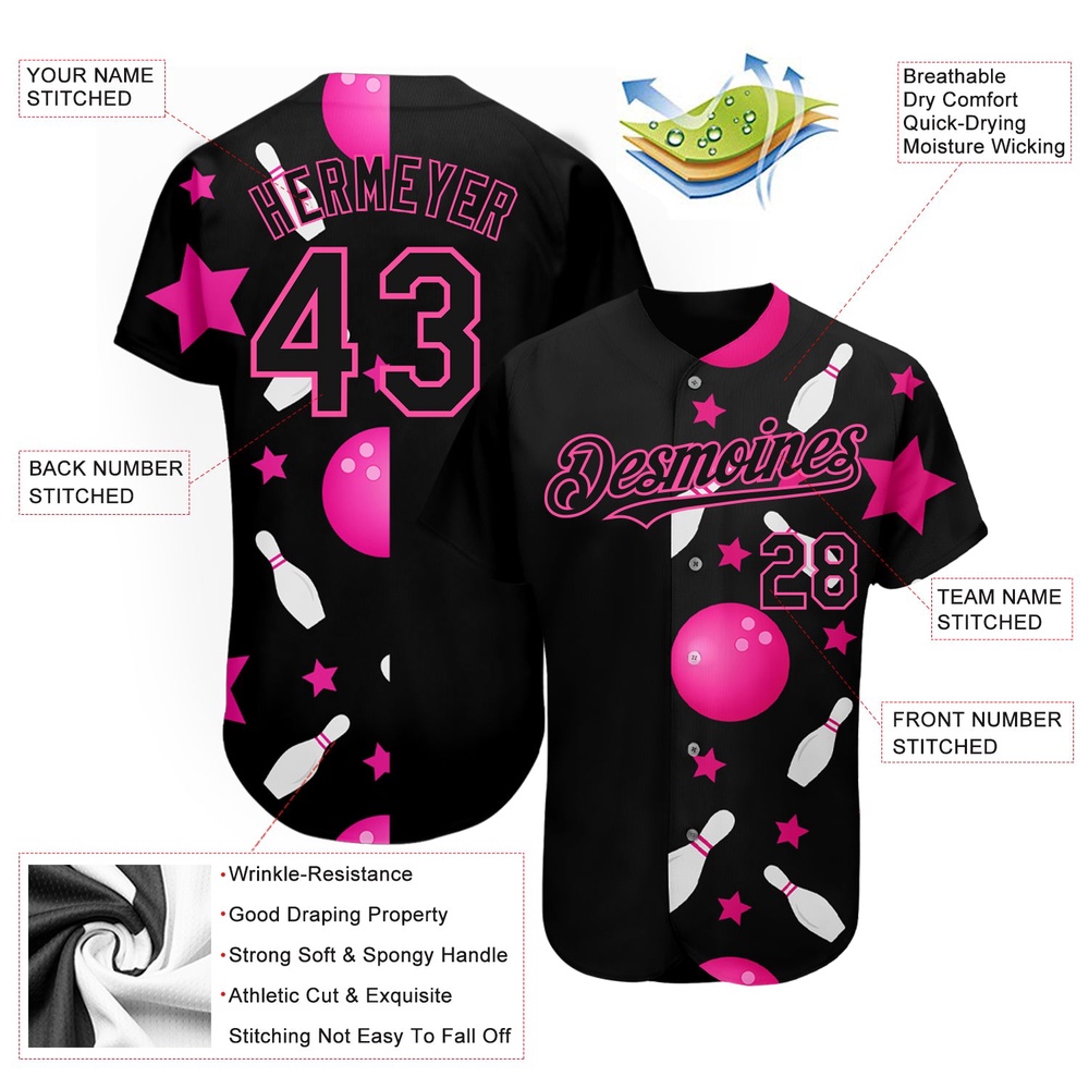 Black Pink 3D Pattern Design Bowling Authentic Baseball Jersey, Custom Baseball Jersey, Personalized Sport Jersey