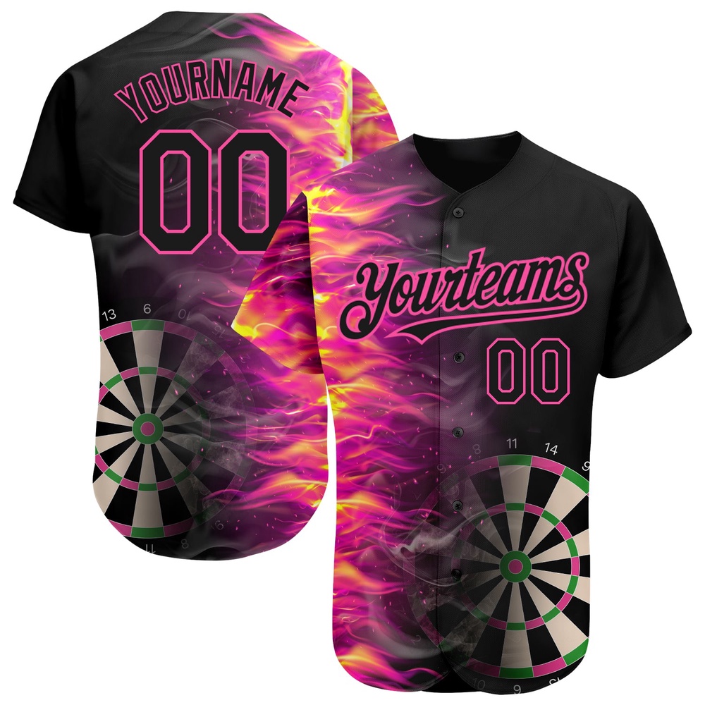 Black Pink 3D Pattern Design Fiery Dart Board Authentic Baseball Jersey, Custom Baseball Jersey, Personalized Sport Jersey Black Pink 3D Pattern Design Fiery Dart Board Authentic Baseball Jersey, Custom Baseball Jersey, Personalized Sport Jersey