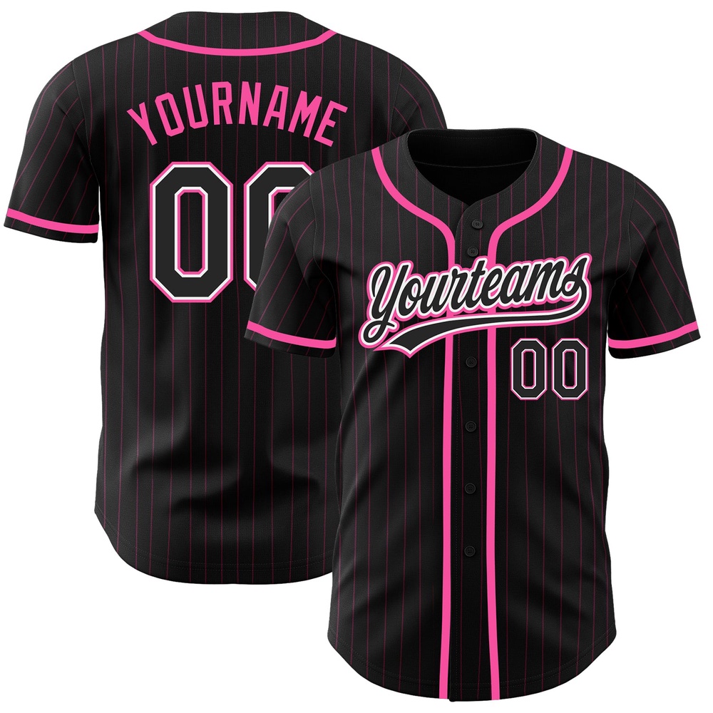 Black Pink Pinstripe Black-White Authentic Baseball Jersey, Custom Baseball Jersey, Personalized Sport Jersey Black Pink Pinstripe Black-White Authentic Baseball Jersey, Custom Baseball Jersey, Personalized Sport Jersey
