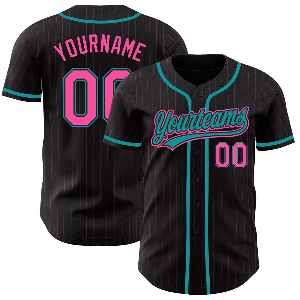 Black Pink Pinstripe Pink-Teal Authentic Baseball Jersey, Custom Baseball Jersey, Personalized Sport Jersey Black Pink Pinstripe Pink-Teal Authentic Baseball Jersey, Custom Baseball Jersey, Personalized Sport Jersey