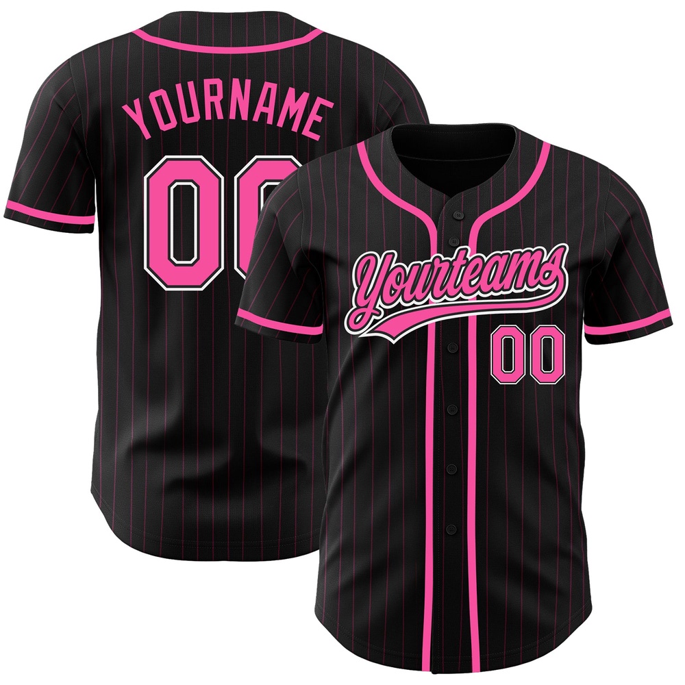 Black Pink Pinstripe Pink-White Authentic Baseball Jersey, Custom Baseball Jersey, Personalized Sport Jersey Black Pink Pinstripe Pink-White Authentic Baseball Jersey, Custom Baseball Jersey, Personalized Sport Jersey