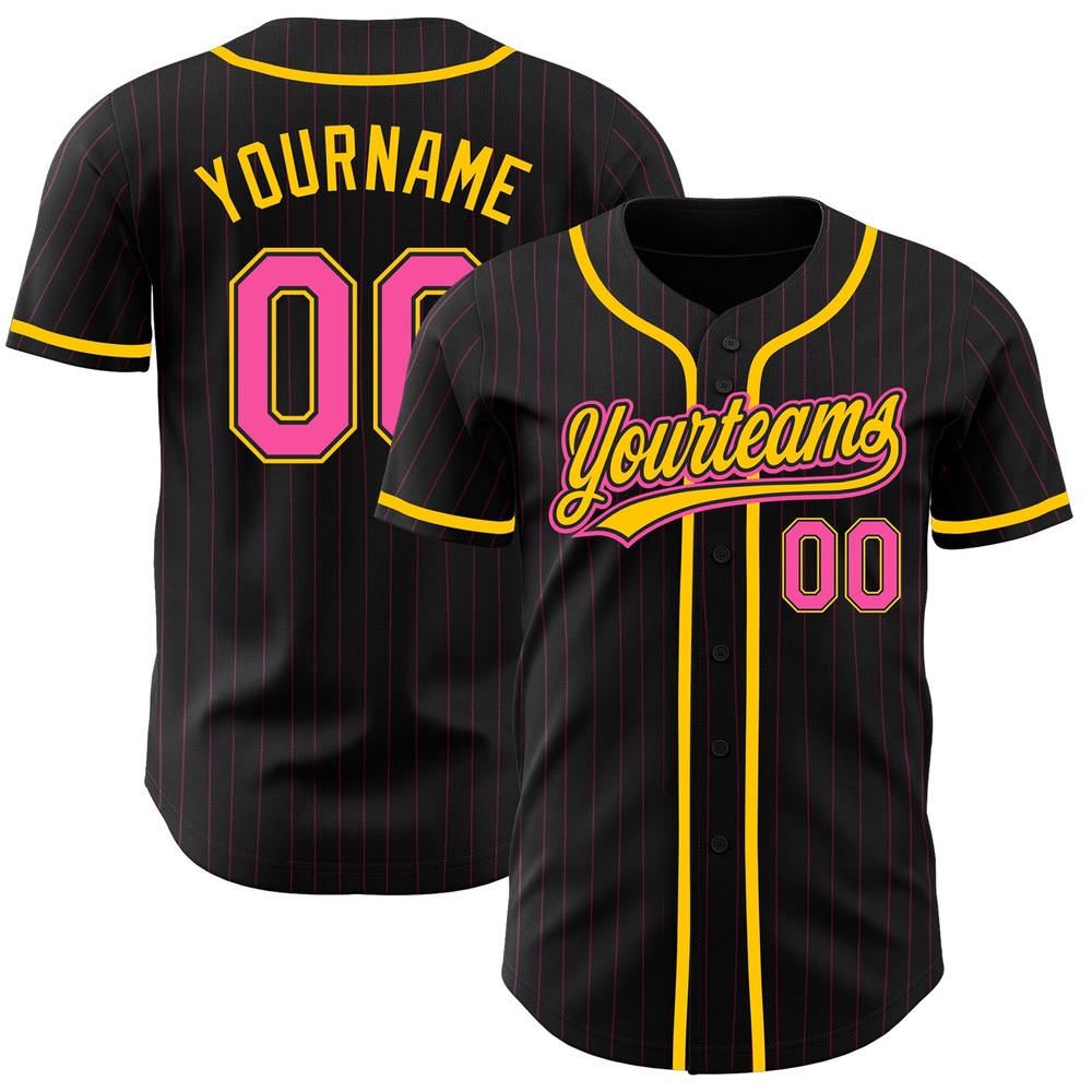 Black Pink Pinstripe Pink-Yellow Authentic Baseball Jersey, Custom Baseball Jersey, Personalized Sport Jersey Black Pink Pinstripe Pink-Yellow Authentic Baseball Jersey, Custom Baseball Jersey, Personalized Sport Jersey