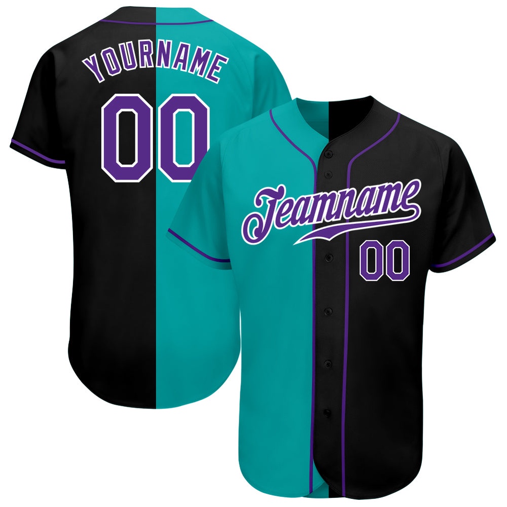 Black Purple-Aqua Authentic Split Fashion Baseball Jersey, Custom Baseball Jersey, Personalized Sport Jersey