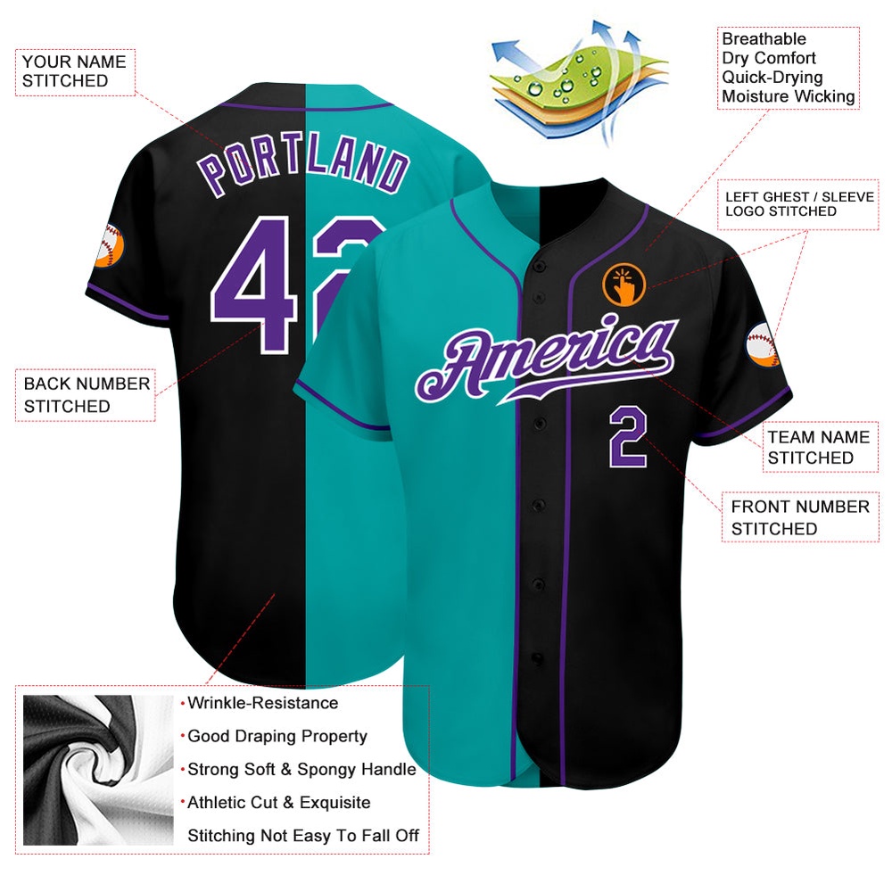 Black Purple-Aqua Authentic Split Fashion Baseball Jersey, Custom Baseball Jersey, Personalized Sport Jersey