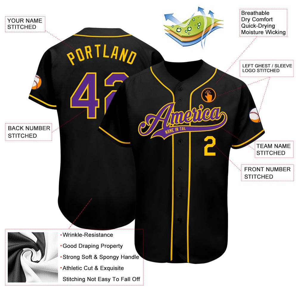 Black Purple-Gold Authentic Baseball Jersey, Custom Baseball Jersey, Personalized Sport Jersey
