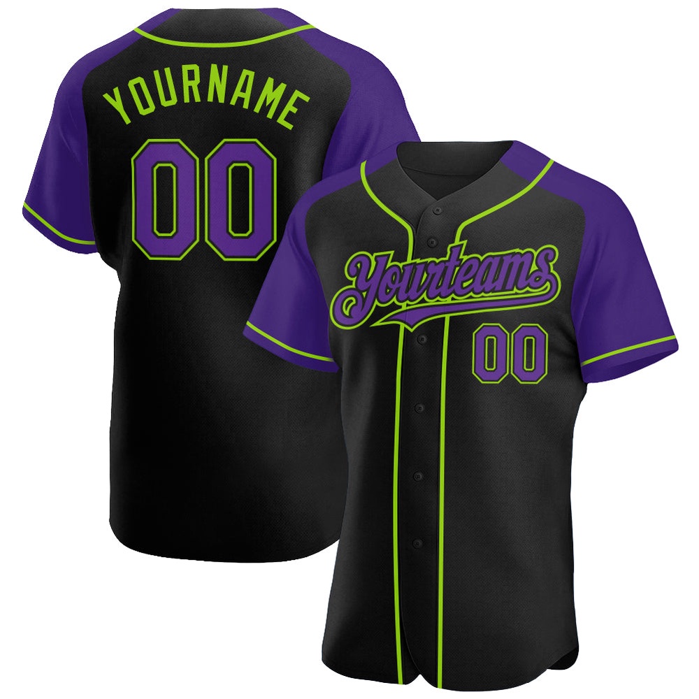 Black Purple-Neon Green Authentic Raglan Sleeves Baseball Jersey, Custom Baseball Jersey, Personalized Sport Jersey Black Purple-Neon Green Authentic Raglan Sleeves Baseball Jersey, Custom Baseball Jersey, Personalized Sport Jersey