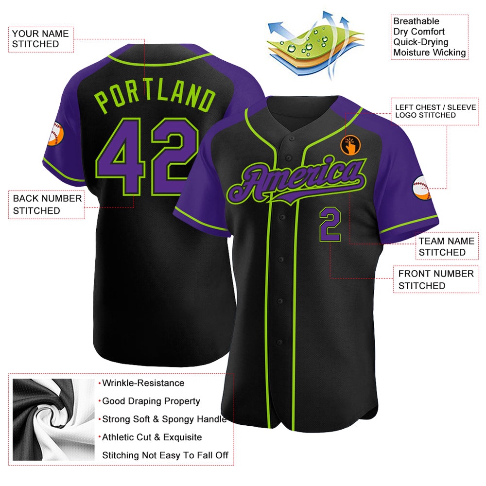 Black Purple-Neon Green Authentic Raglan Sleeves Baseball Jersey, Custom Baseball Jersey, Personalized Sport Jersey Black Purple-Neon Green Authentic Raglan Sleeves Baseball Jersey, Custom Baseball Jersey, Personalized Sport Jersey