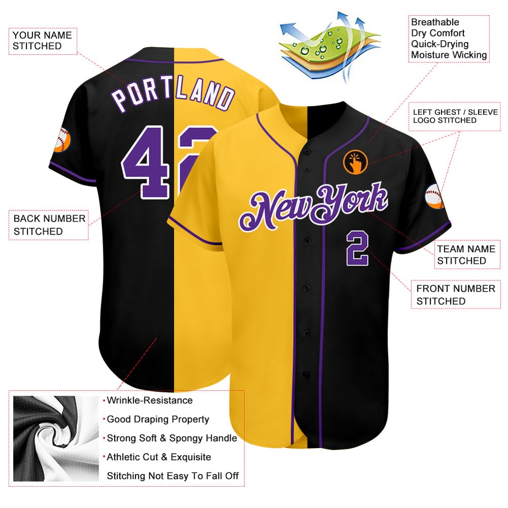 Black Purple-Yellow Authentic Split Fashion Baseball Jersey, Custom Baseball Jersey, Personalized Sport Jersey