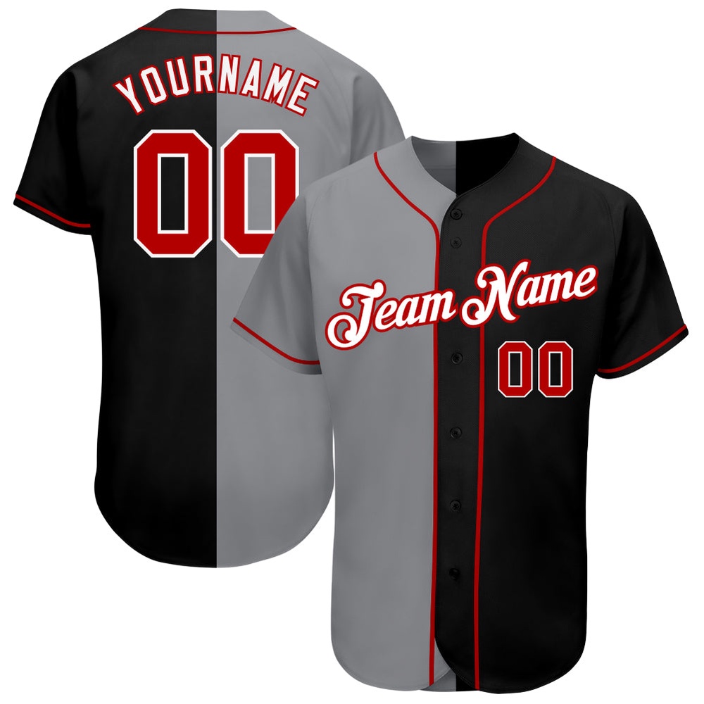 Black Red-Gray Authentic Split Fashion Baseball Jersey, Custom Baseball Jersey, Personalized Sport Jersey Black Red-Gray Authentic Split Fashion Baseball Jersey, Custom Baseball Jersey, Personalized Sport Jersey