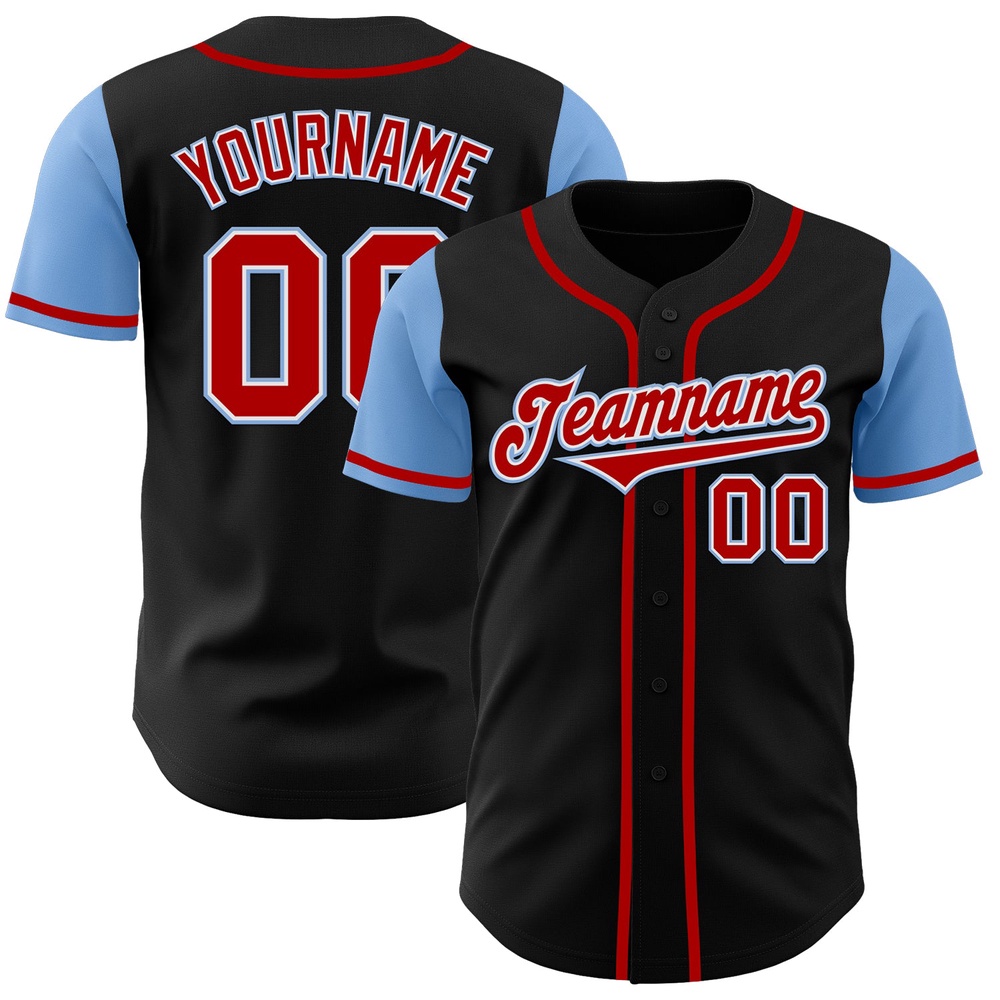 Black Red-Light Blue Authentic Two Tone Baseball Jersey, Custom Baseball Jersey, Personalized Sport Jersey Black Red-Light Blue Authentic Two Tone Baseball Jersey, Custom Baseball Jersey, Personalized Sport Jersey