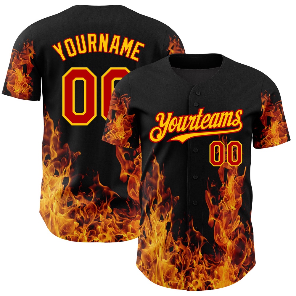 Black Red-Yellow 3D Pattern Design Flame Authentic Baseball Jersey, Custom Baseball Jersey, Personalized Sport Jersey Black Red-Yellow 3D Pattern Design Flame Authentic Baseball Jersey, Custom Baseball Jersey, Personalized Sport Jersey
