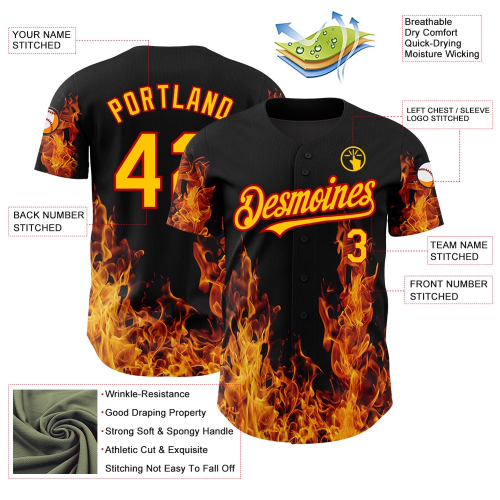 Black Red-Yellow 3D Pattern Design Flame Authentic Baseball Jersey, Custom Baseball Jersey, Personalized Sport Jersey Black Red-Yellow 3D Pattern Design Flame Authentic Baseball Jersey, Custom Baseball Jersey, Personalized Sport Jersey