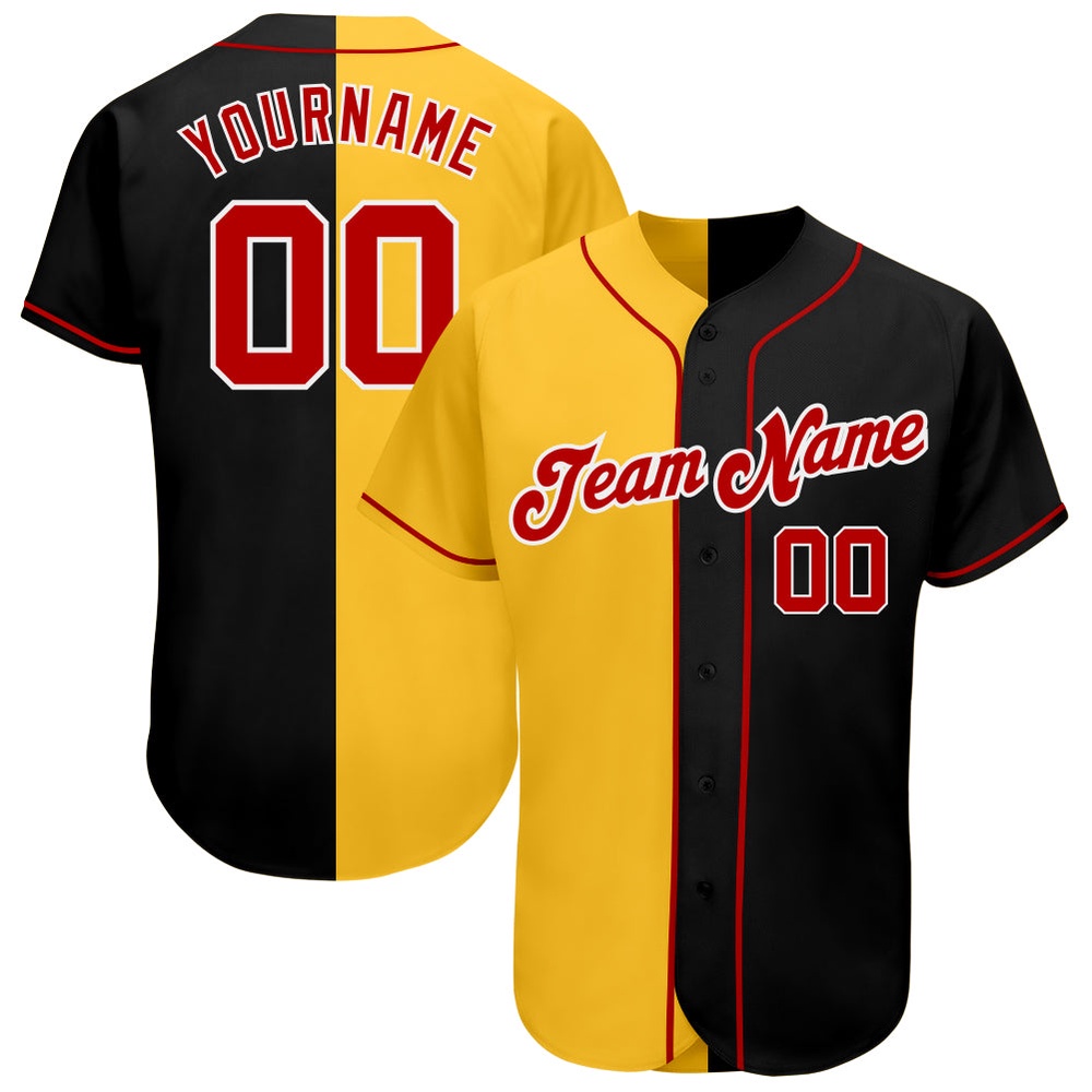 Black Red-Yellow Authentic Split Fashion Baseball Jersey, Custom Baseball Jersey, Personalized Sport Jersey Black Red-Yellow Authentic Split Fashion Baseball Jersey, Custom Baseball Jersey, Personalized Sport Jersey