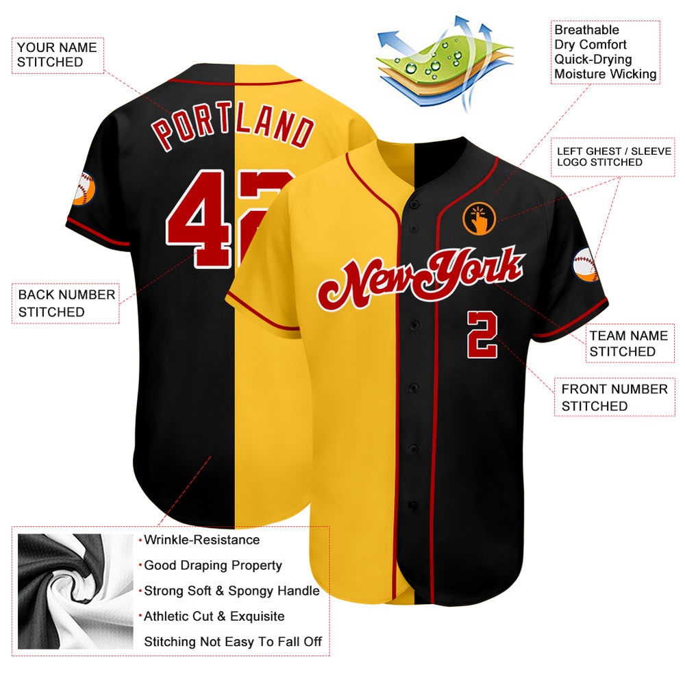 Black Red-Yellow Authentic Split Fashion Baseball Jersey, Custom Baseball Jersey, Personalized Sport Jersey Black Red-Yellow Authentic Split Fashion Baseball Jersey, Custom Baseball Jersey, Personalized Sport Jersey