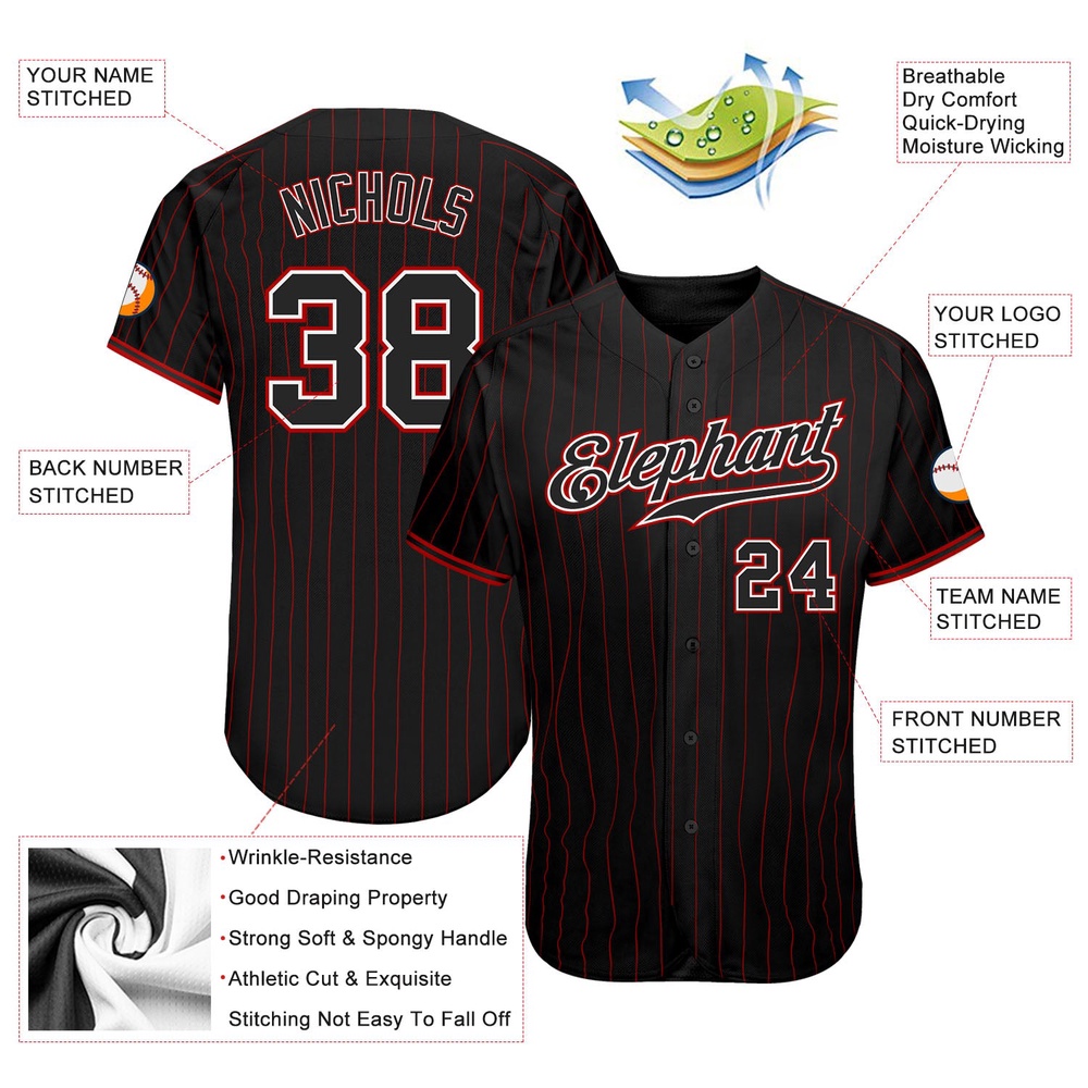 Black Red Pinstripe Black-White Authentic Baseball Jersey, Custom Baseball Jersey, Personalized Sport Jersey Black Red Pinstripe Black-White Authentic Baseball Jersey, Custom Baseball Jersey, Personalized Sport Jersey
