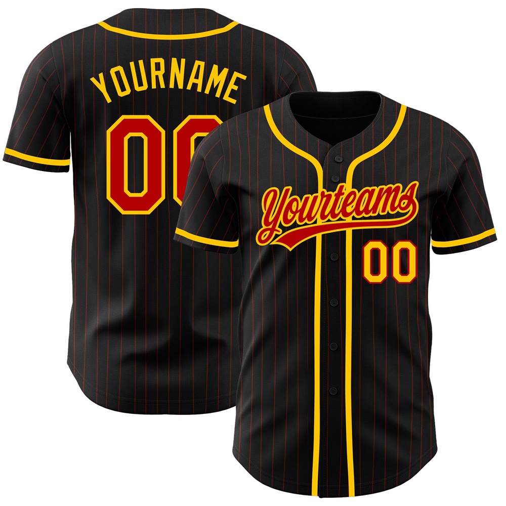 Black Red Pinstripe Red-Yellow Authentic Baseball Jersey, Custom Baseball Jersey, Personalized Sport Jersey Black Red Pinstripe Red-Yellow Authentic Baseball Jersey, Custom Baseball Jersey, Personalized Sport Jersey
