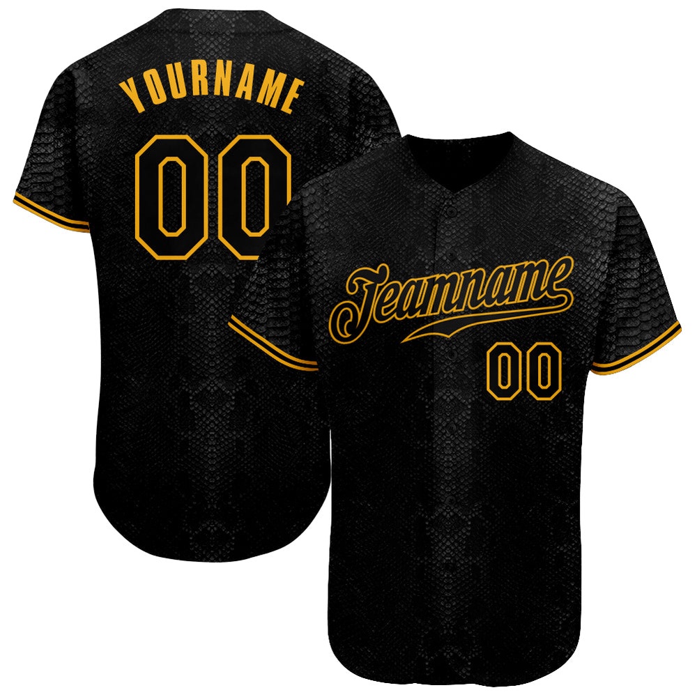 Black Snakeskin Black-Gold 3D Pattern Design Authentic Baseball Jersey, Custom Baseball Jersey, Personalized Sport Jersey Black Snakeskin Black-Gold 3D Pattern Design Authentic Baseball Jersey, Custom Baseball Jersey, Personalized Sport Jersey