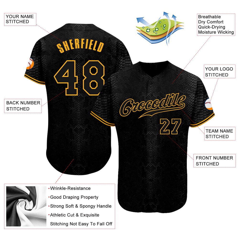 Black Snakeskin Black-Gold 3D Pattern Design Authentic Baseball Jersey, Custom Baseball Jersey, Personalized Sport Jersey Black Snakeskin Black-Gold 3D Pattern Design Authentic Baseball Jersey, Custom Baseball Jersey, Personalized Sport Jersey