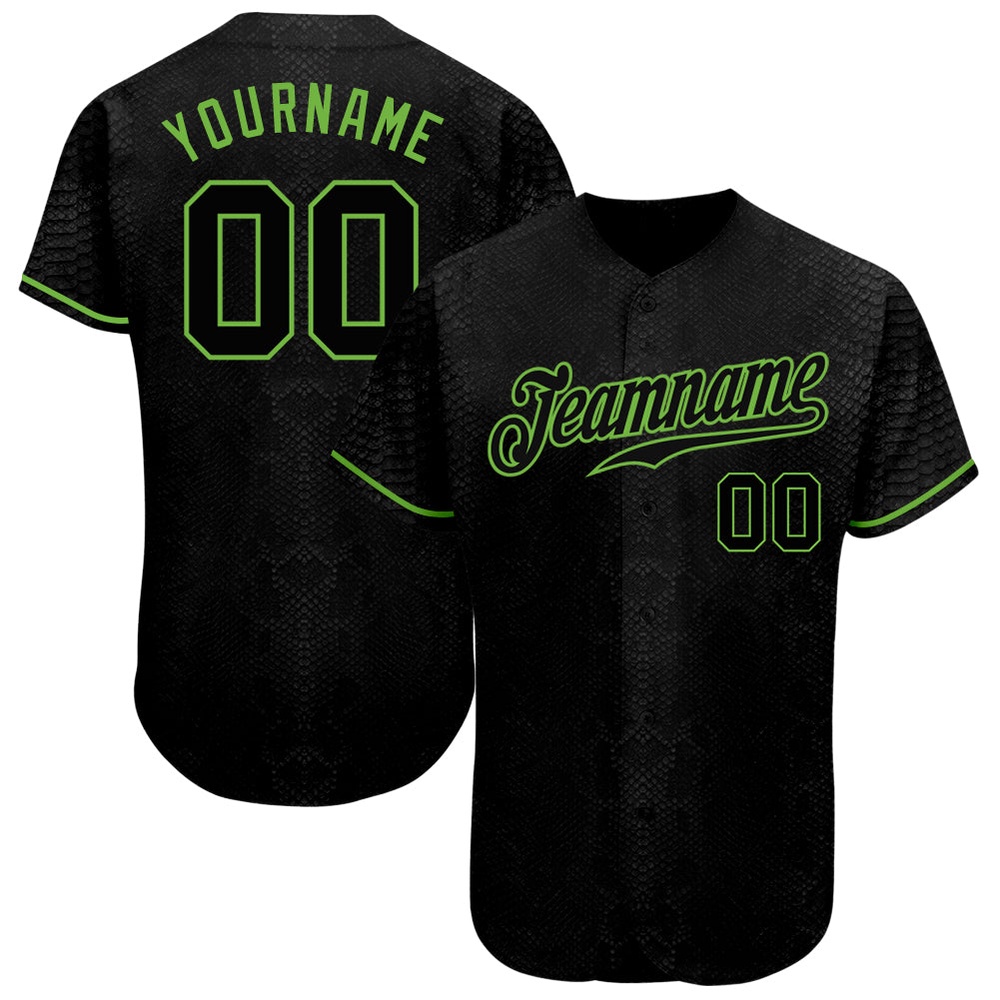 Black Snakeskin Black-Neon Green 3D Pattern Design Authentic Baseball Jersey, Custom Baseball Jersey, Personalized Sport Jersey Black Snakeskin Black-Neon Green 3D Pattern Design Authentic Baseball Jersey, Custom Baseball Jersey, Personalized Sport Jersey