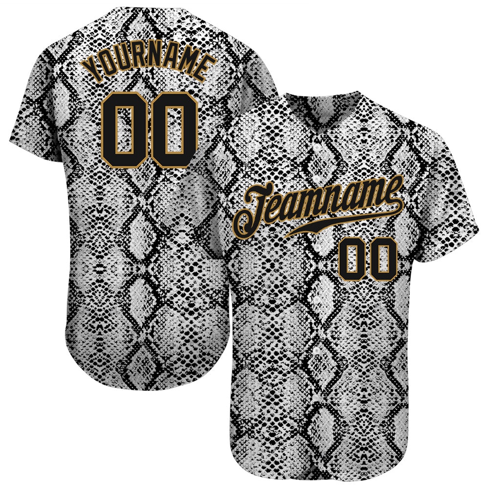 Black Snakeskin Black-Old Gold 3D Pattern Design Authentic Baseball Jersey, Custom Baseball Jersey, Personalized Sport Jersey Black Snakeskin Black-Old Gold 3D Pattern Design Authentic Baseball Jersey, Custom Baseball Jersey, Personalized Sport Jersey