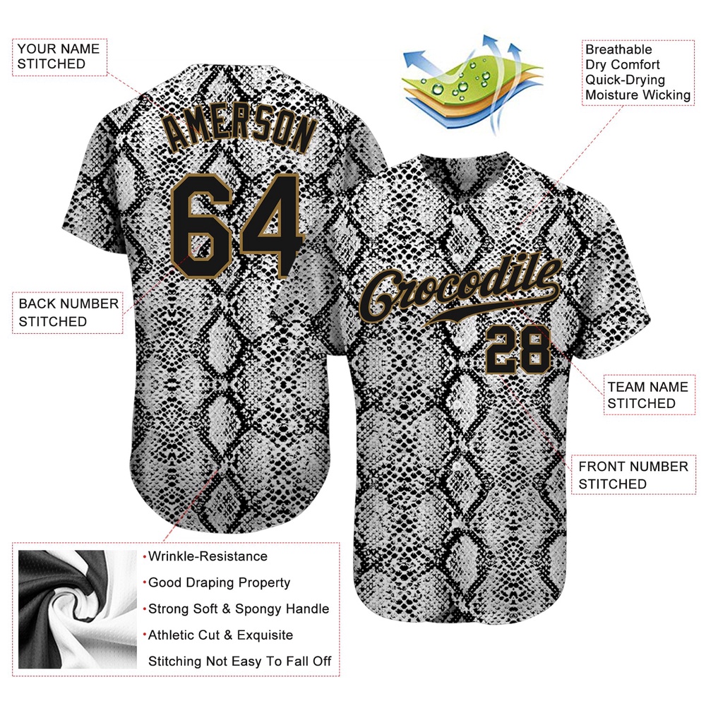 Black Snakeskin Black-Old Gold 3D Pattern Design Authentic Baseball Jersey, Custom Baseball Jersey, Personalized Sport Jersey Black Snakeskin Black-Old Gold 3D Pattern Design Authentic Baseball Jersey, Custom Baseball Jersey, Personalized Sport Jersey